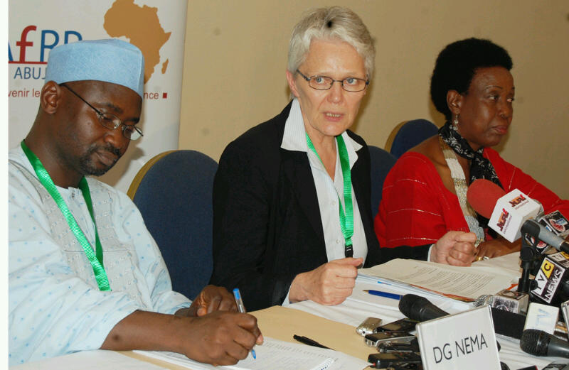 R-L Director General of National Emergency Management Agency Alhaji Muhammad Sani Sidi, Special Representative of The United Nations Secretary General on Disaster Risk Reduction Ms Margareta Wahlstrom and the African Union Commissioner for Rural Economy and Agriculture, Mrs Tummusiime Rhoda Peace addressing the press after the opening the of the 5th African Regional Platform for Disaster Risk Reduction in Abuja.