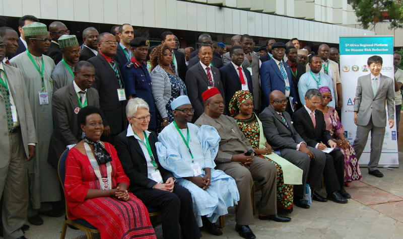 Secretary to the Government of the Federation Anyim Pius Anyim (sitting Center)in a group photograph after the opening of the 5th African Regional Platform for Disaster Risk Reduction in Abuja. Other dignitaries sitting are from R-L African Union Commissioner Tumusiime Rhoda Peace, Special Rep of The UN  Sec Gen Ms Margaretta Wahlstrom, DG NEMA Muhammad Sani Sidi, FCT Min for State Olajumoke Akinjide, UN Resident Country Coordinator Dauda Traore, Japanese Ambassador to Nigeria Mr Ryuichi Shoji.   